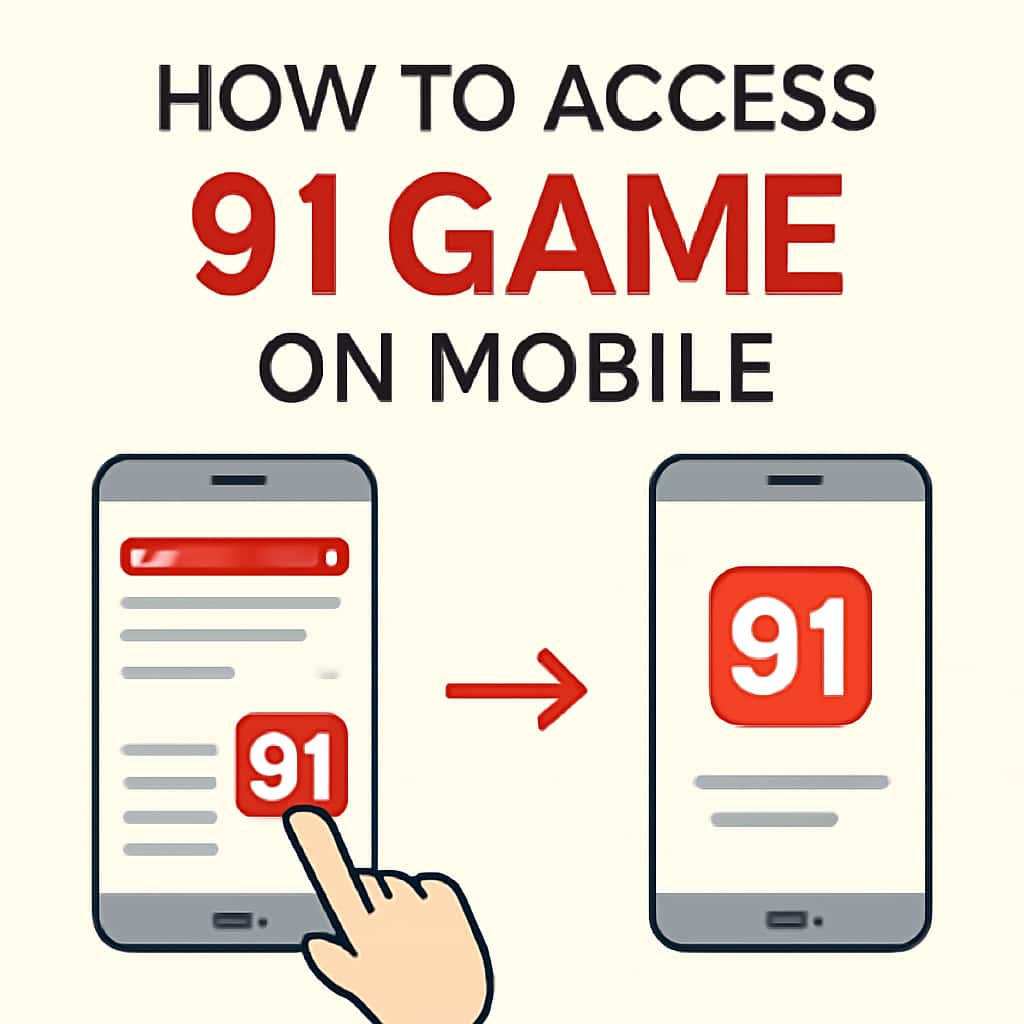 Diagram explaining steps to access 91 Game on mobile.